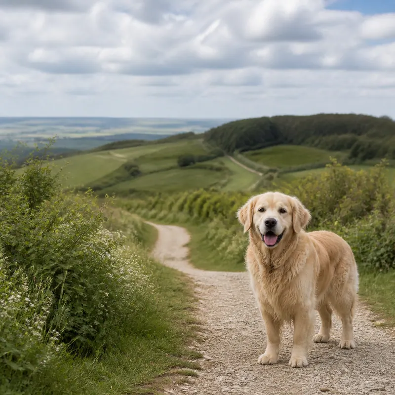 A golden retriever on a chalk downland path in Hampshire